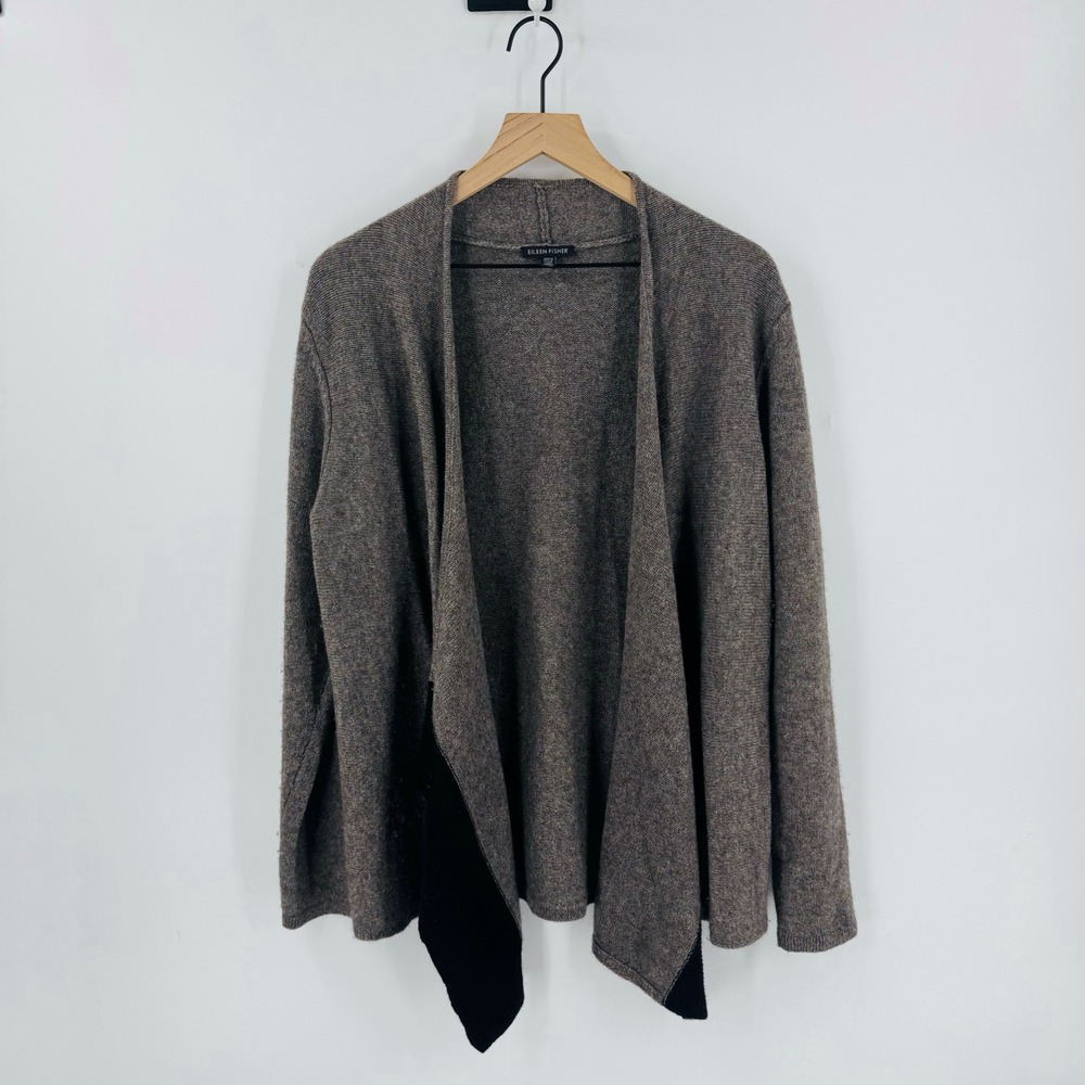 EILEEN FISHER System Yak Merino Wool Open Front Cardigan Sweater M/M Brown Black